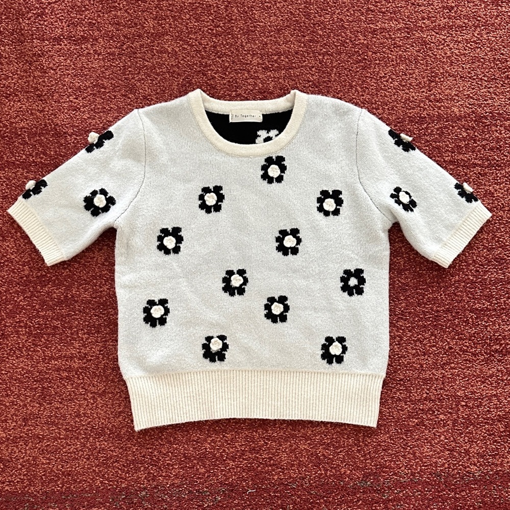 White and Black Floral short sleeve sweater.